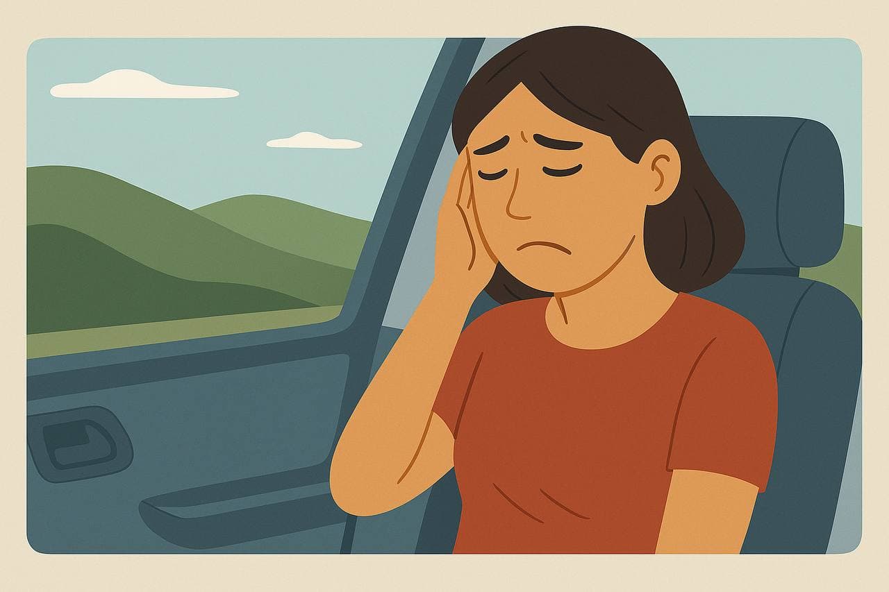 Family enjoying a road trip without car sickness