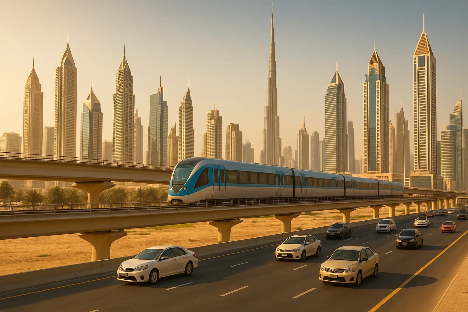 Dubai skyline with comfortable travelers using Dizzout
