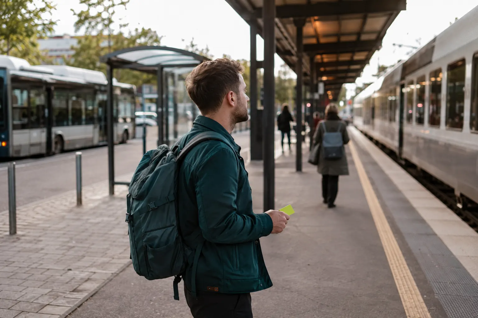 Commuter choosing between a bus bay and train platform at a shared transport station.