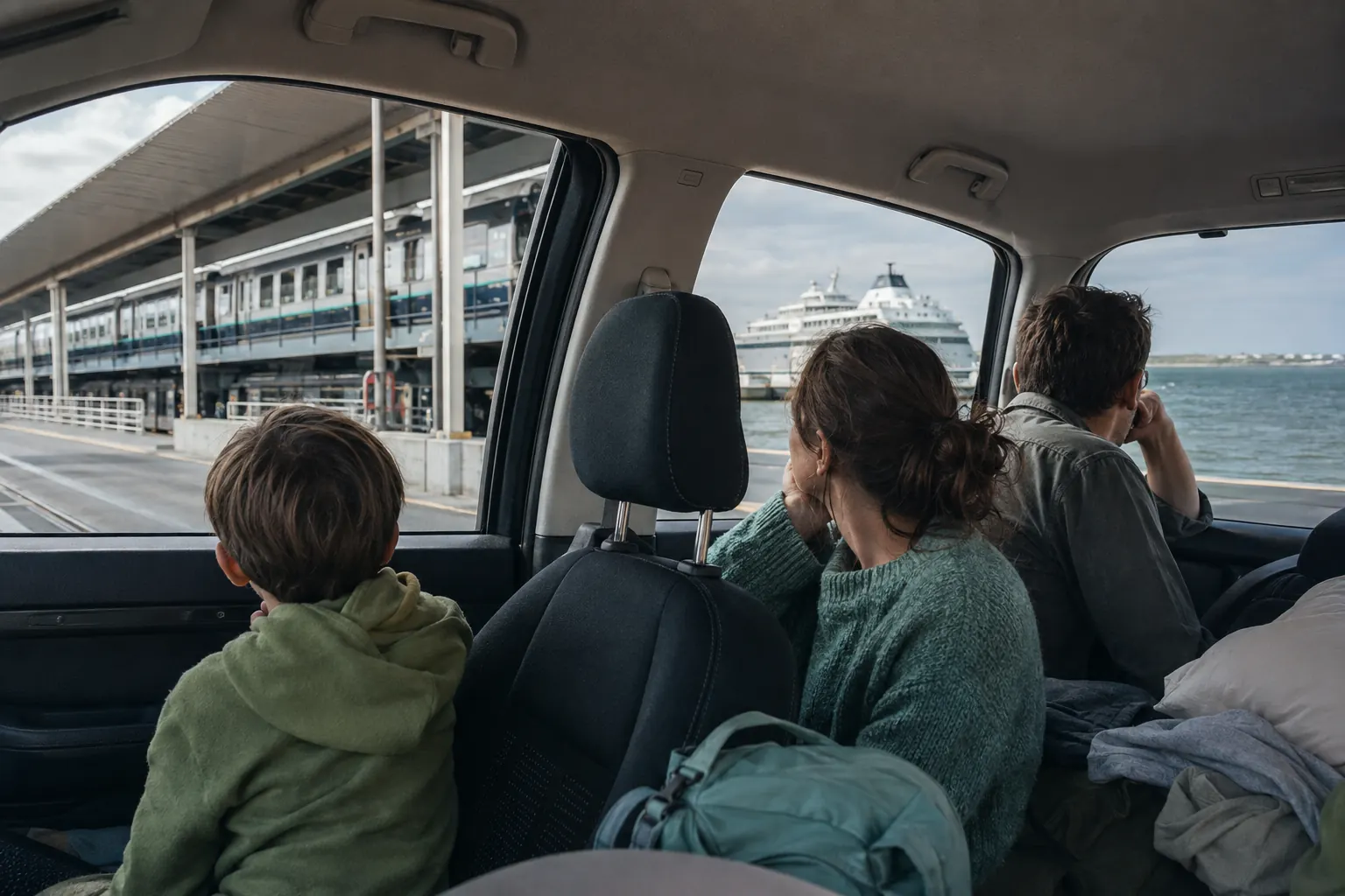 Family in a car at a cross-Channel terminal with a vehicle train nearby and a ferry across the harbor.