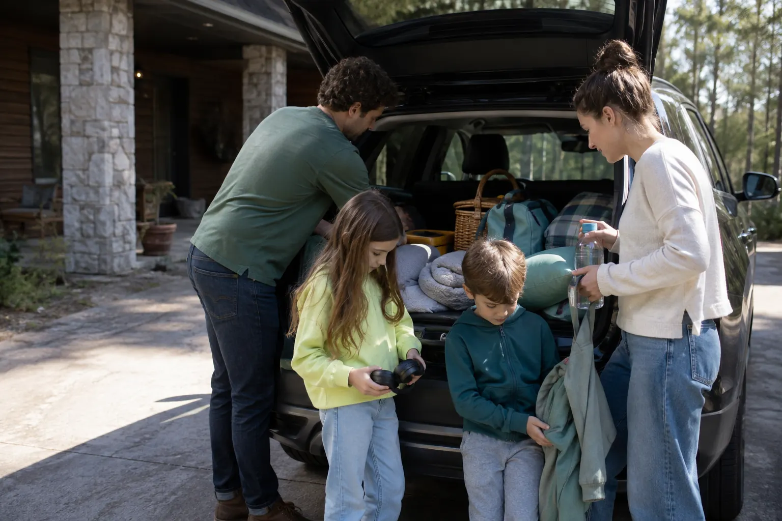 Parents preparing water, plain snacks and screen-free audio for children before a family road trip.