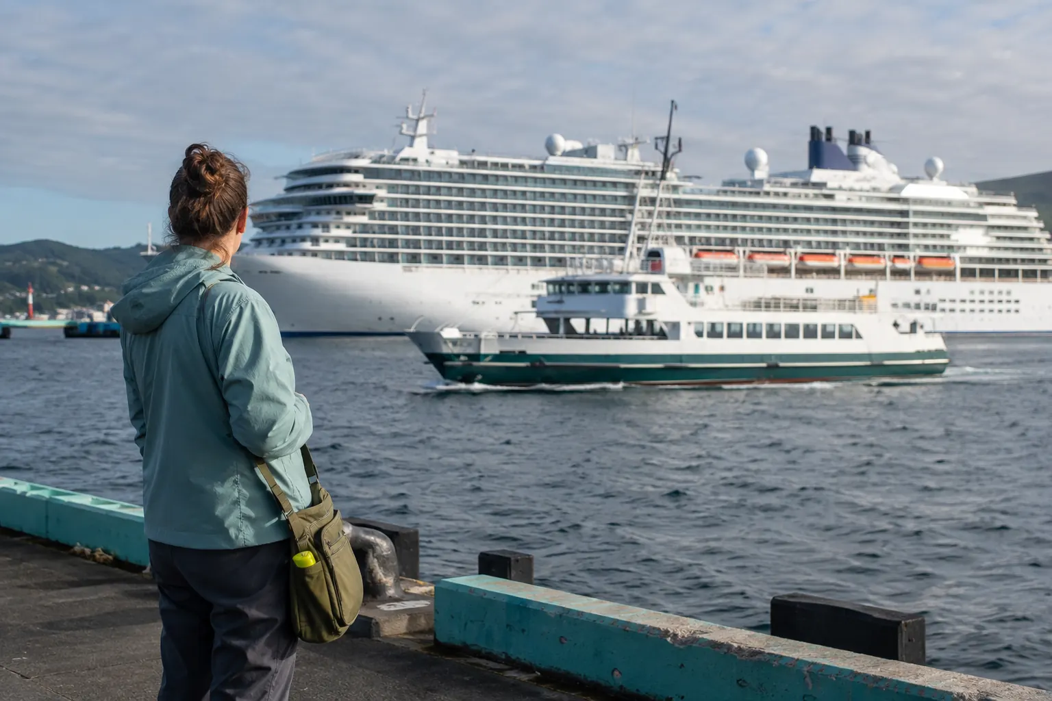 Traveler watching a local ferry pass in front of a much larger cruise ship from a harbor pier.