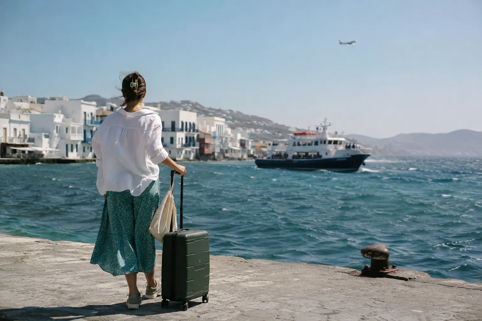 Traveler at a Greek island harbor watching a ferry while a small aircraft passes in the distance.