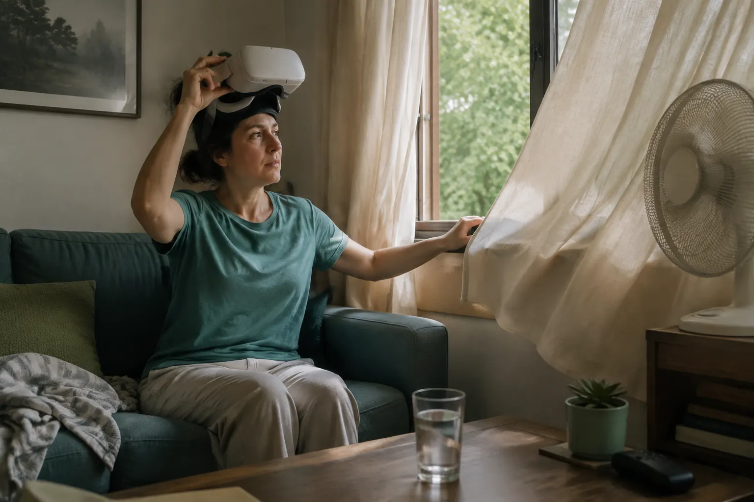 Person taking a break from a VR headset beside an open window and small fan in an ordinary living room.