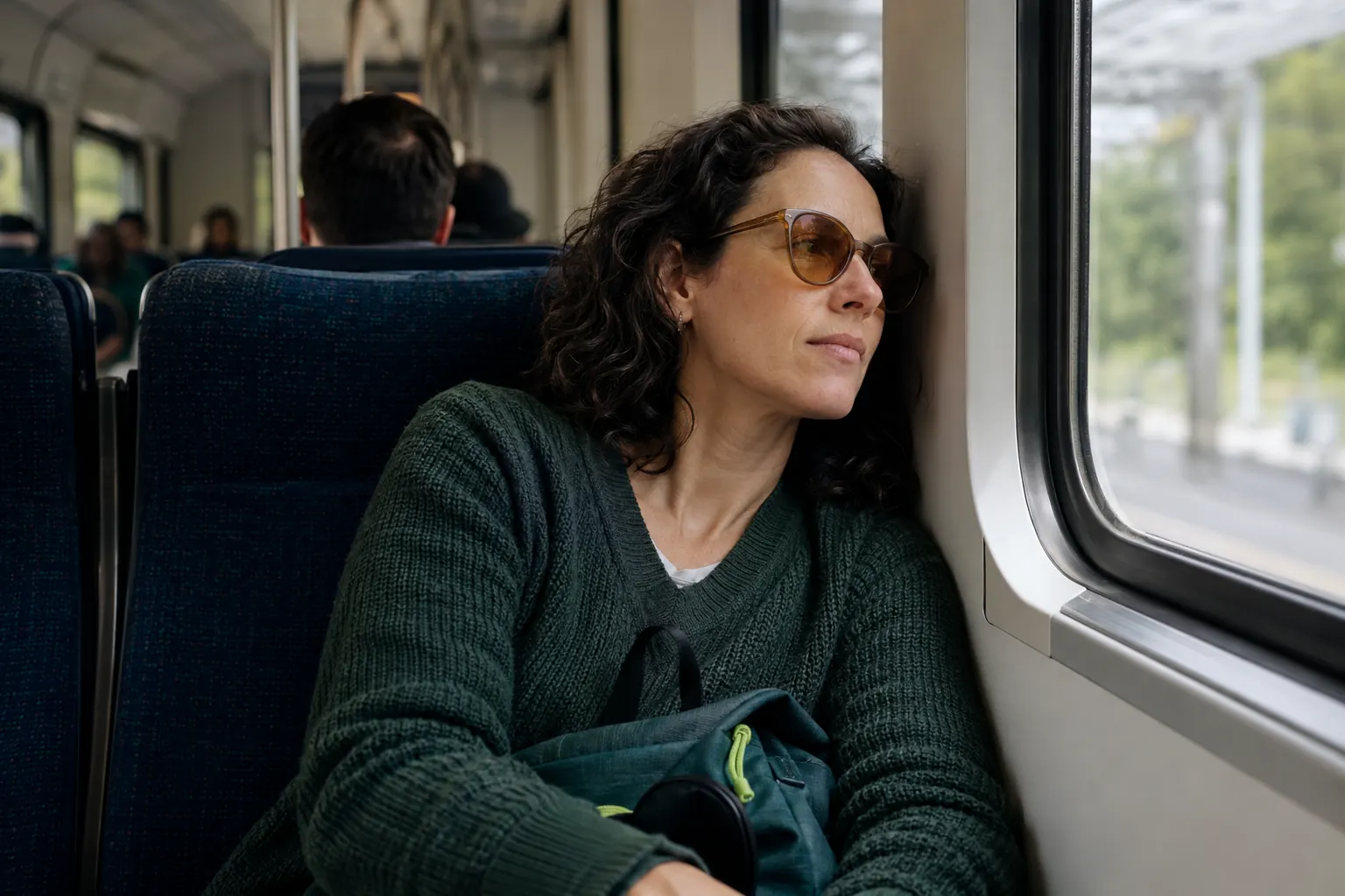 Train passenger wearing lightly tinted glasses in a softly lit seat with their head supported.
