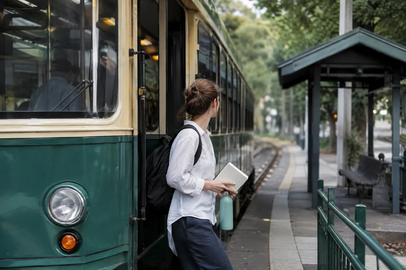 Traveler ending a short, gradual tram practice ride while still comfortable.