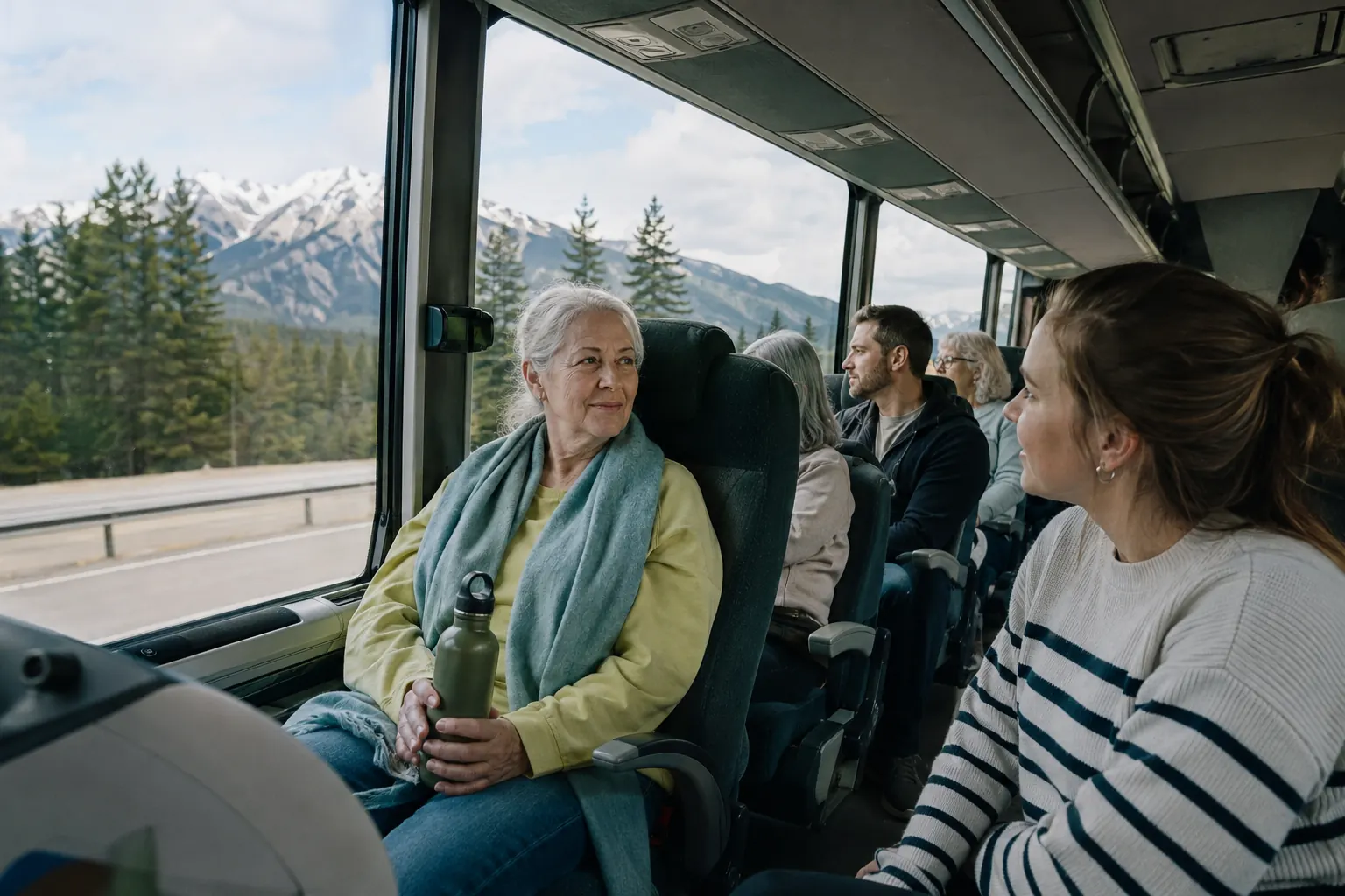 Older adult traveling independently near the front of a coach with a clear road view and water.