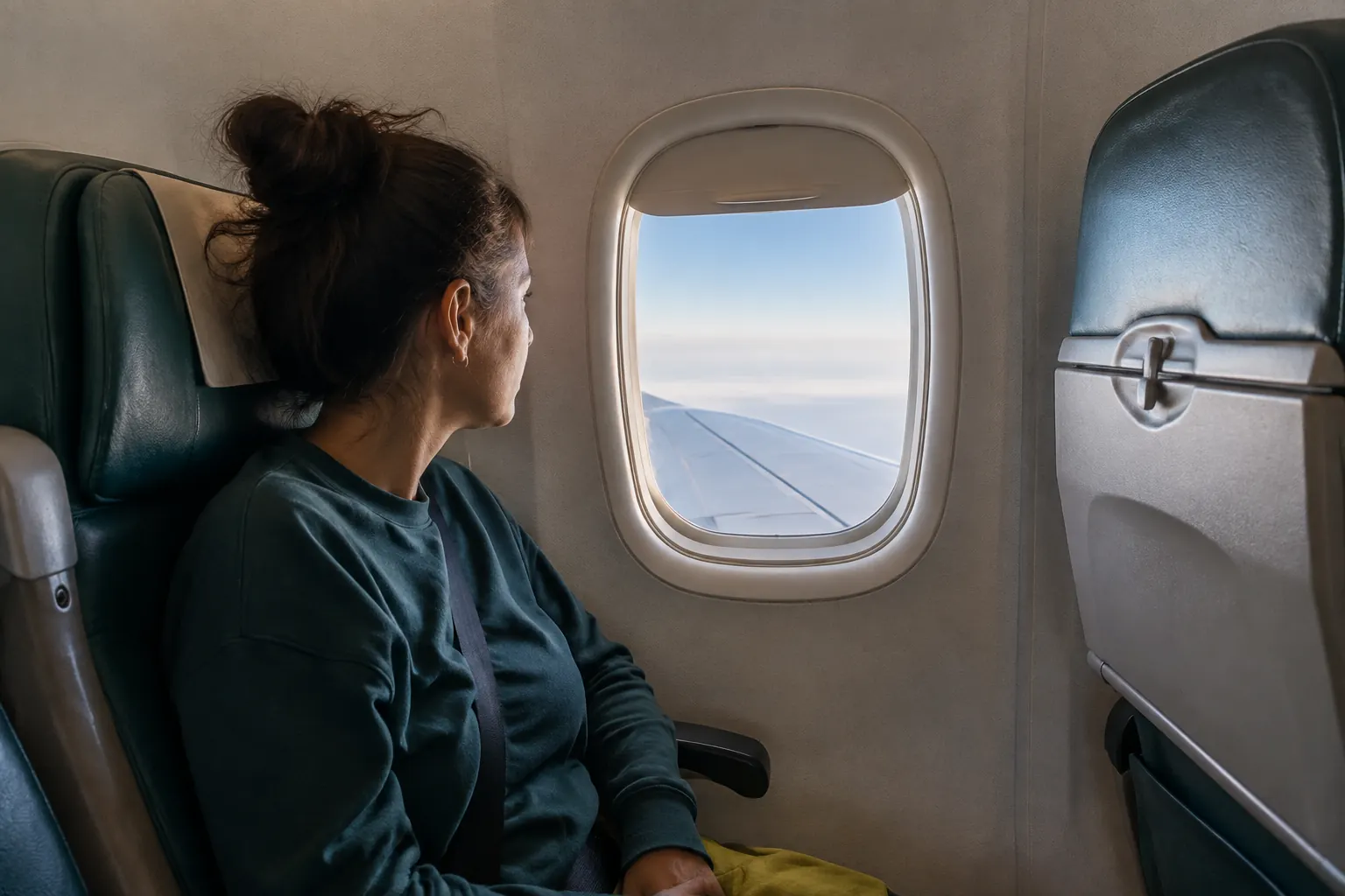 Belted airline passenger seated over the wing and looking through a partly shaded window at the horizon.