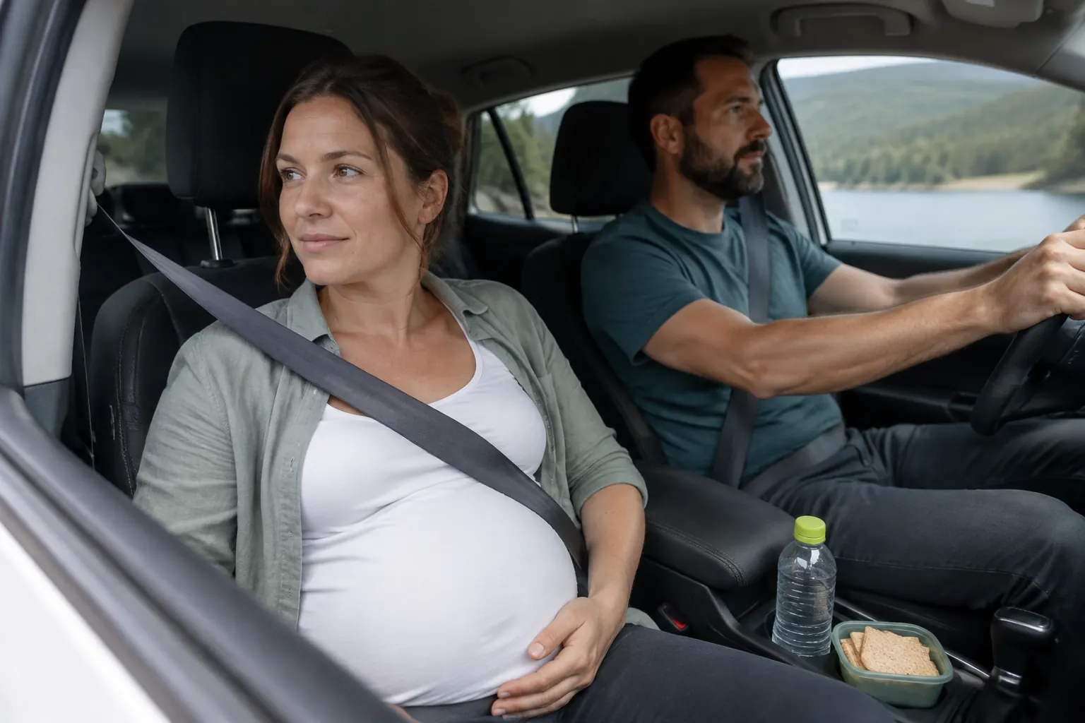 Pregnant front-seat passenger traveling with fresh air, water and plain crackers while a companion drives.