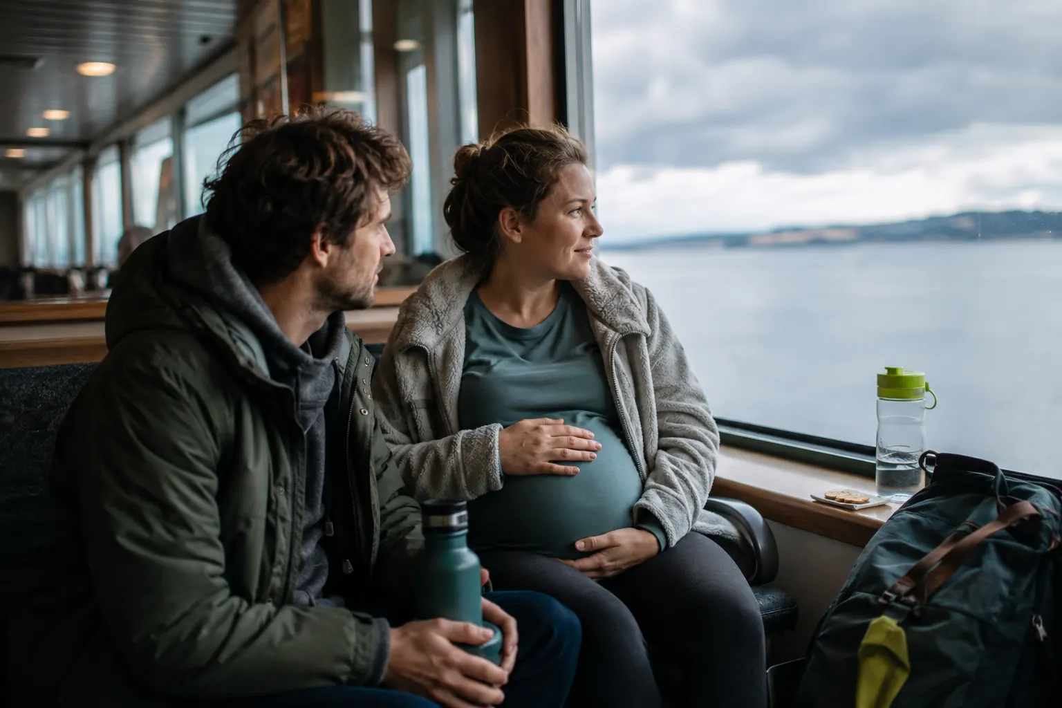Pregnant traveler with a companion, water and plain snacks beside a ferry-terminal horizon view.