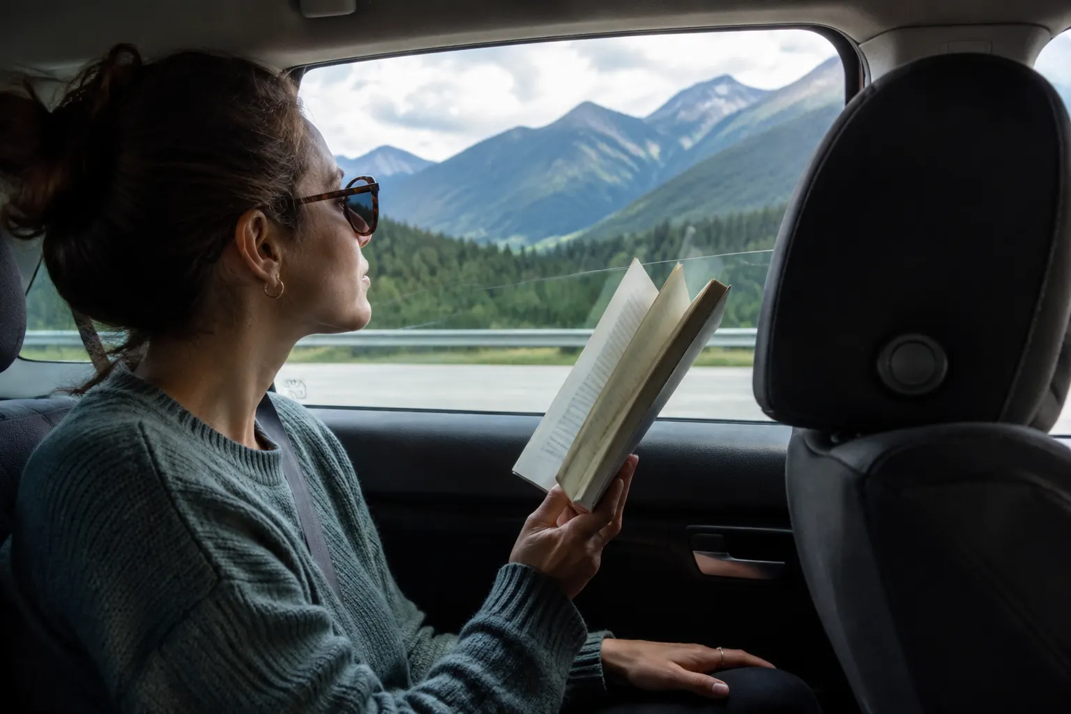 Car passenger holding a paperback near window height and glancing regularly toward the road.