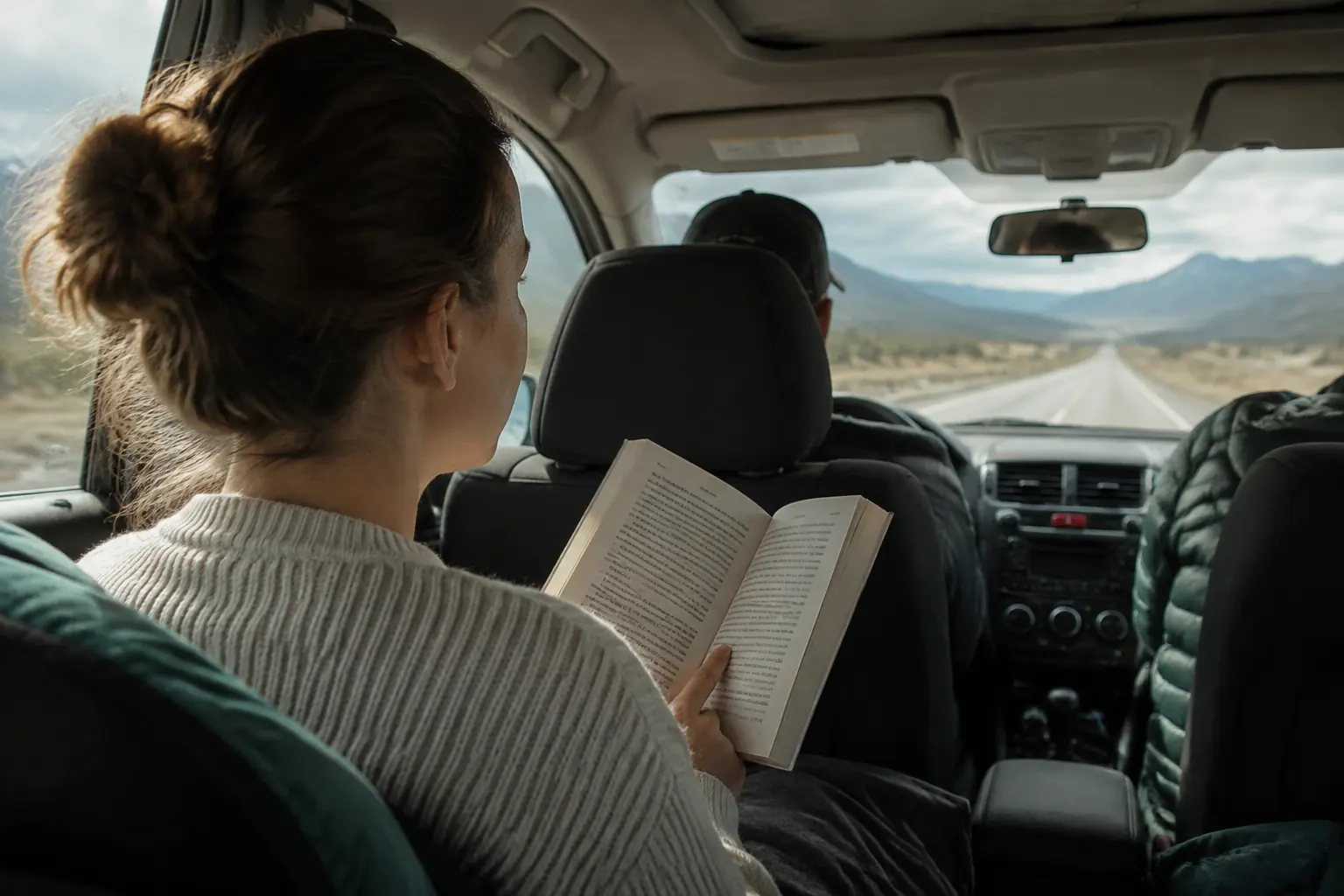 Back-seat passenger pausing a paperback to look forward through the windshield at the road.