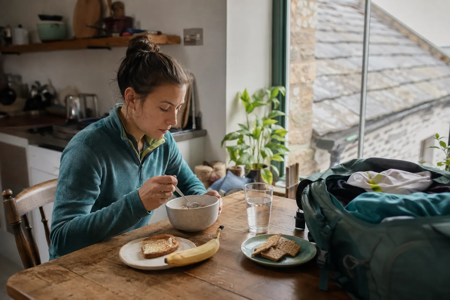 Traveler eating a small breakfast of toast, banana, plain cereal and water before leaving.