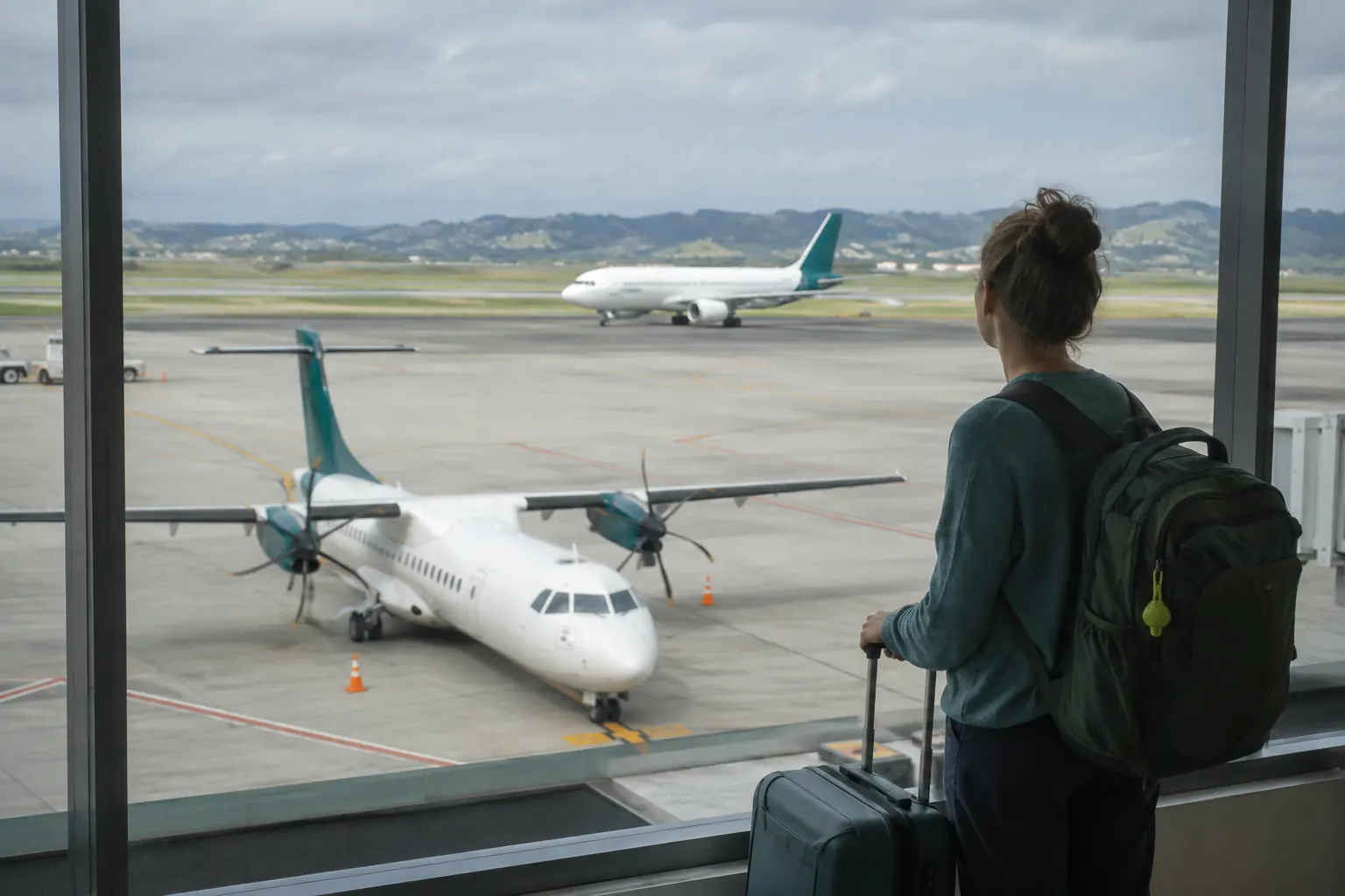 Traveler viewing a small turboprop and a larger airliner through regional airport terminal glass.