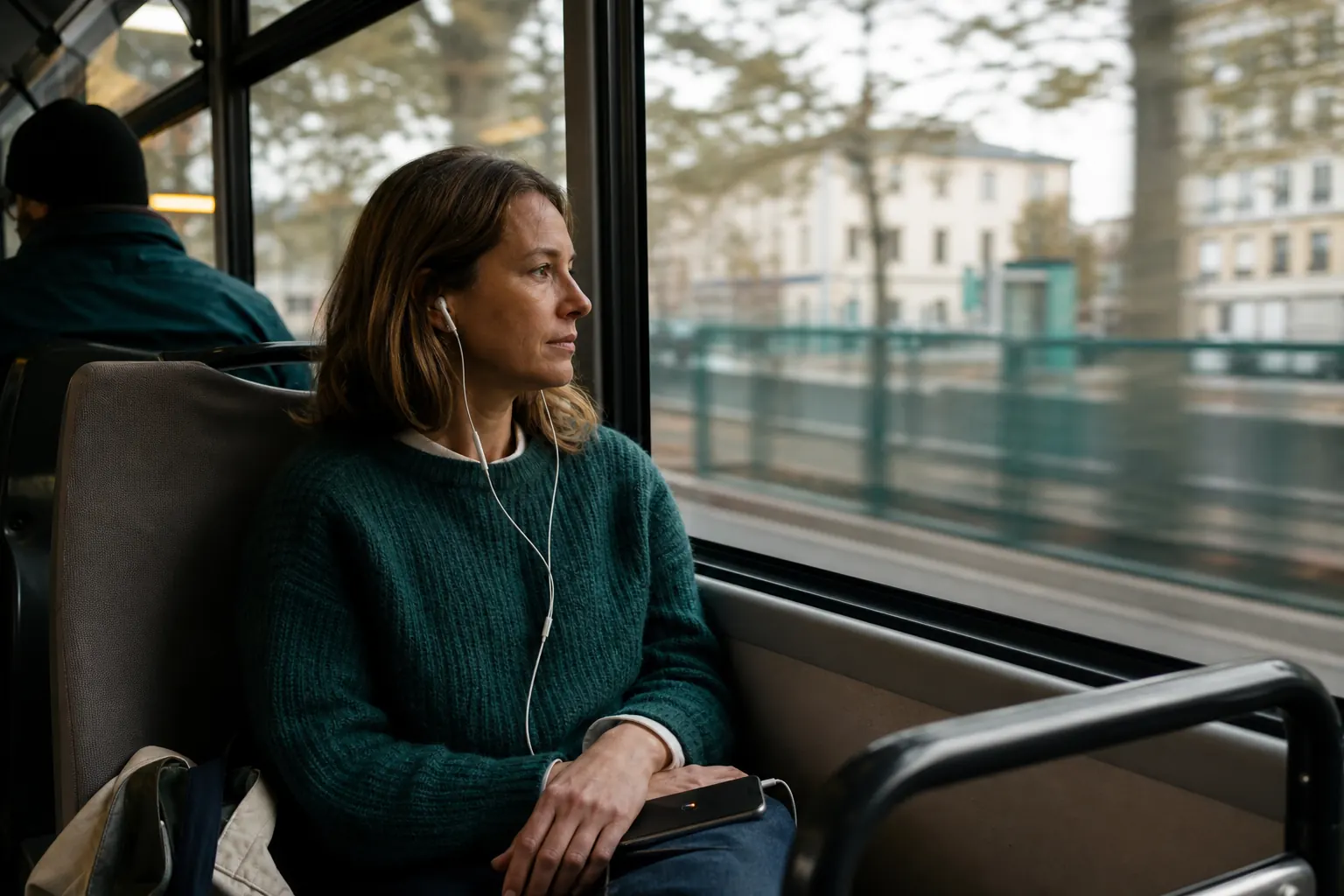 Bus passenger wearing ordinary wired headphones and looking forward during a short audio session.