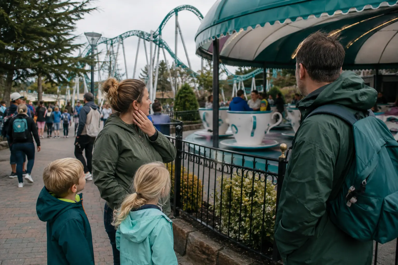 Family considering a spinning ride and roller coaster from an amusement-park walkway.