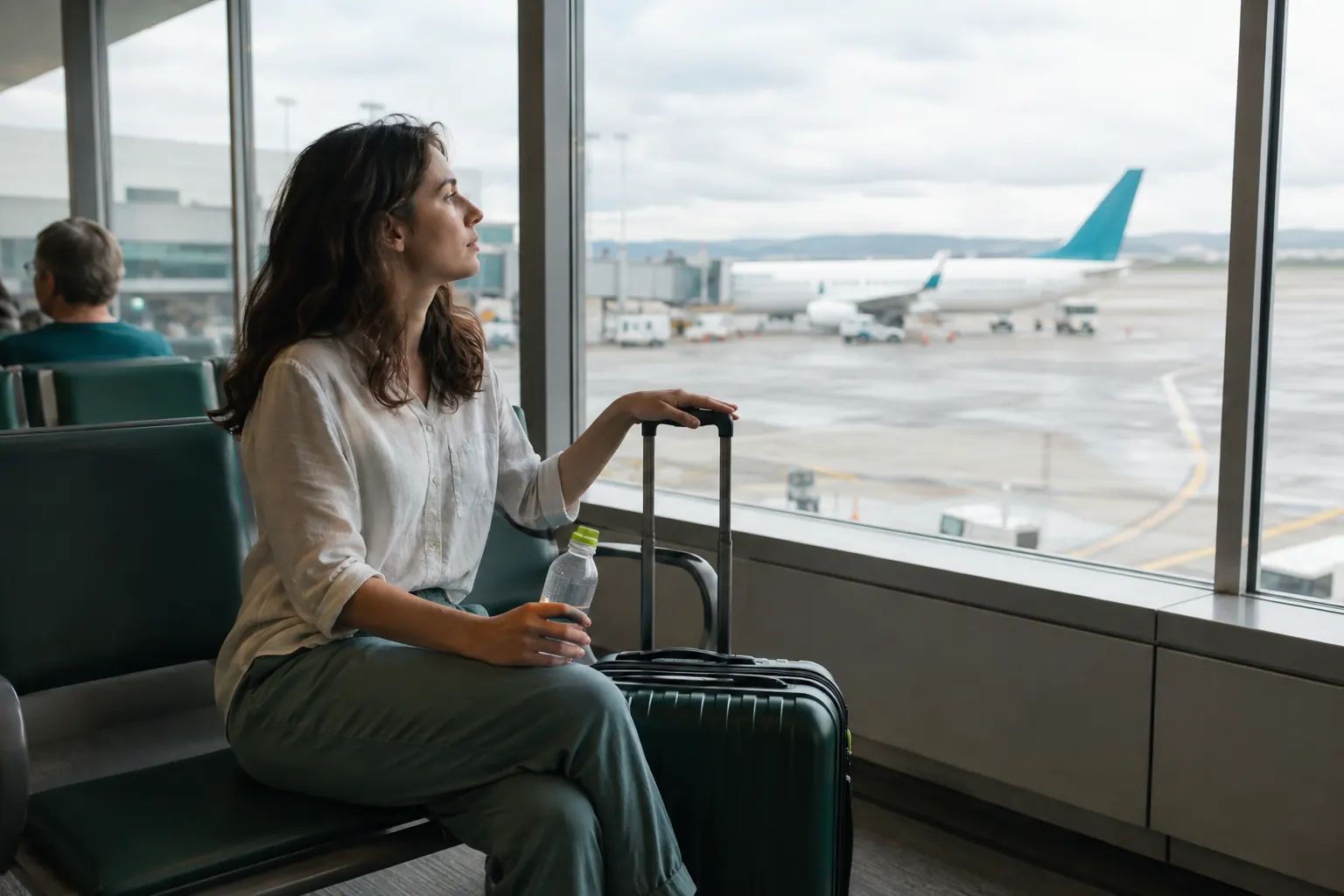 Traveler grounding themselves with slow breathing and a window view while waiting at an airport gate.