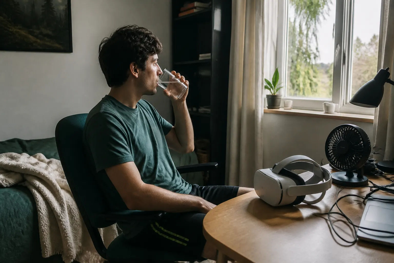 VR player ending a short session, setting down the headset and resting beside a fan and open window.