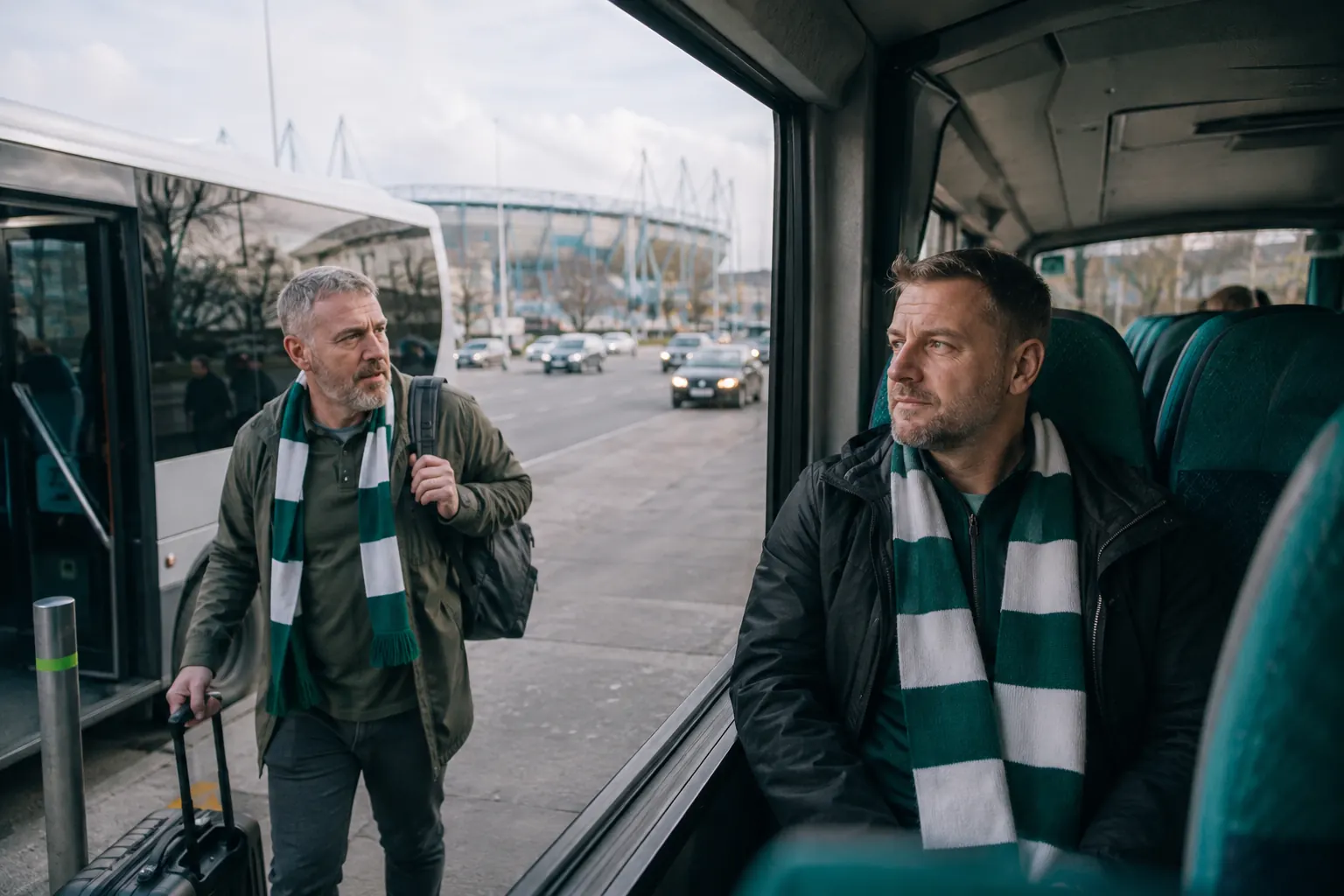 Football supporters choosing forward-facing seats on a shuttle during a multi-city tournament trip.