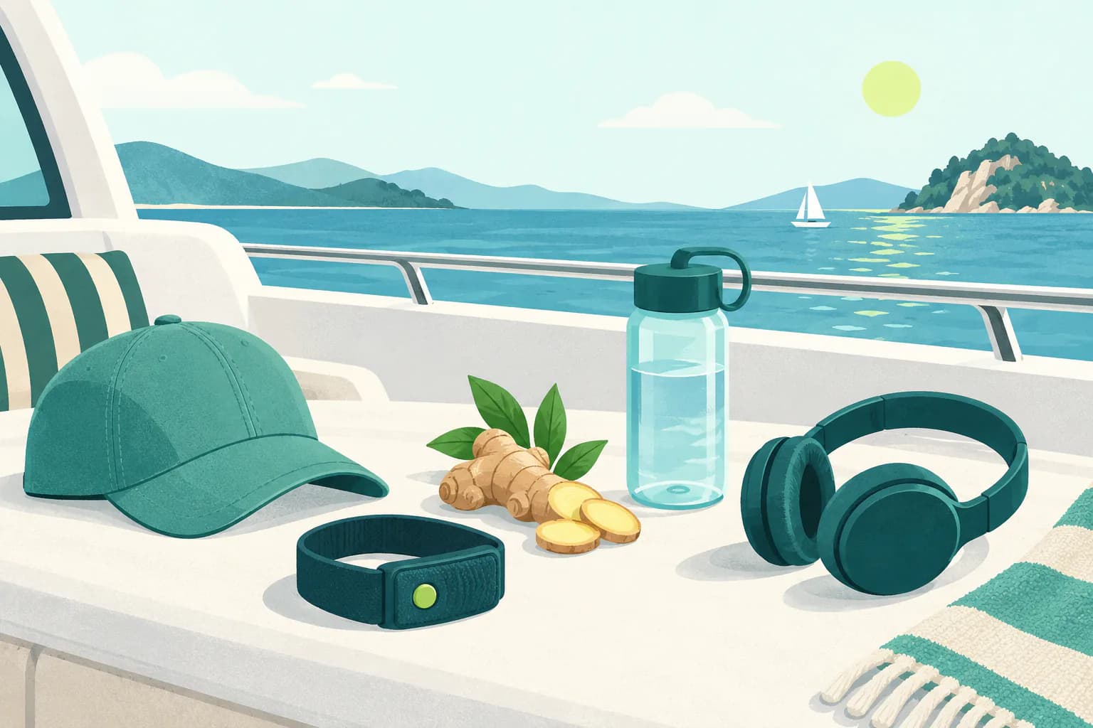 Flat editorial illustration for Best Seasickness Remedy for Boating, Sailing, and Fishing, of unbranded travel options arranged neutrally without a winner or outcome claim.