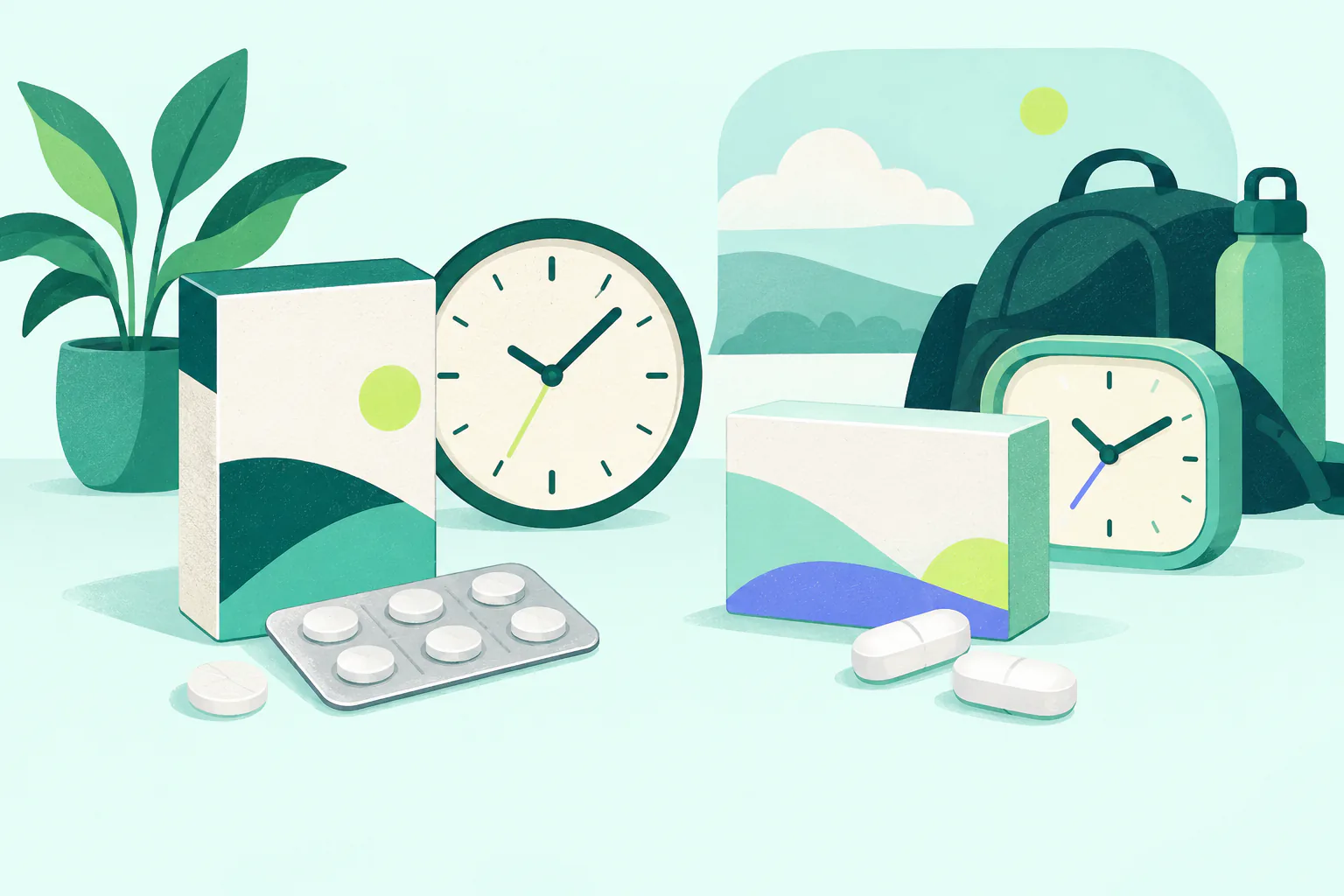 Flat editorial illustration for Meclizine vs Dramamine: Which Box Holds Which Drug?, of unbranded travel options arranged neutrally without a winner or outcome claim.