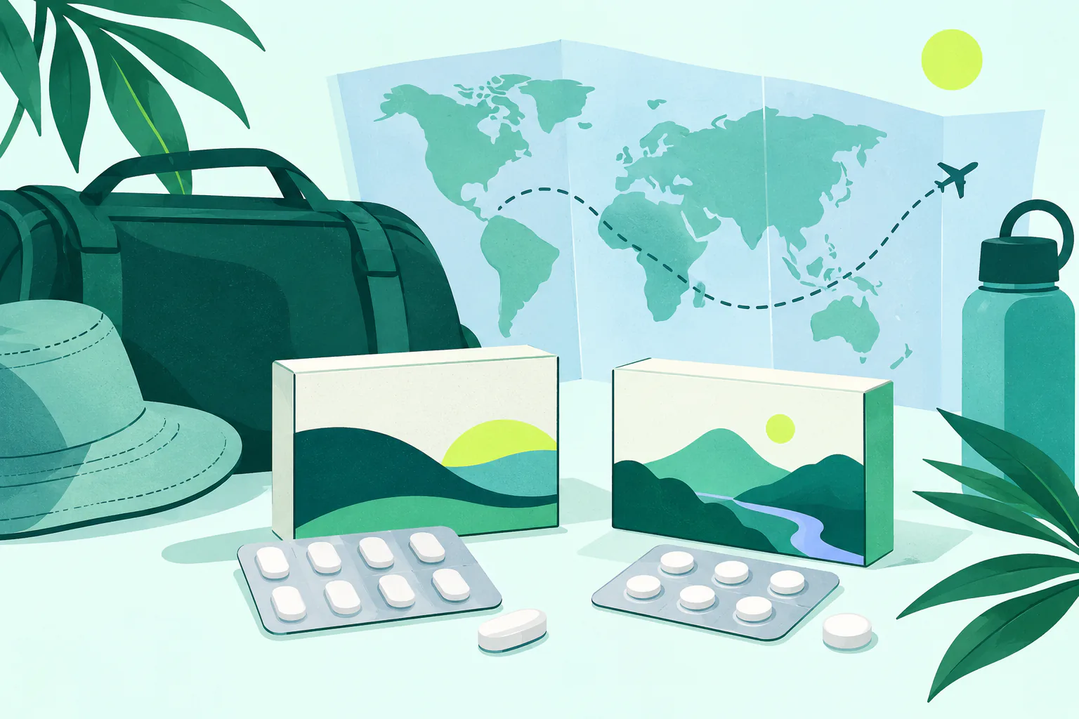 Flat editorial illustration for Meclizine or Bonine vs Gravol: Different Drugs, and a Border Problem, of unbranded travel options arranged neutrally without a winner or outcome claim.