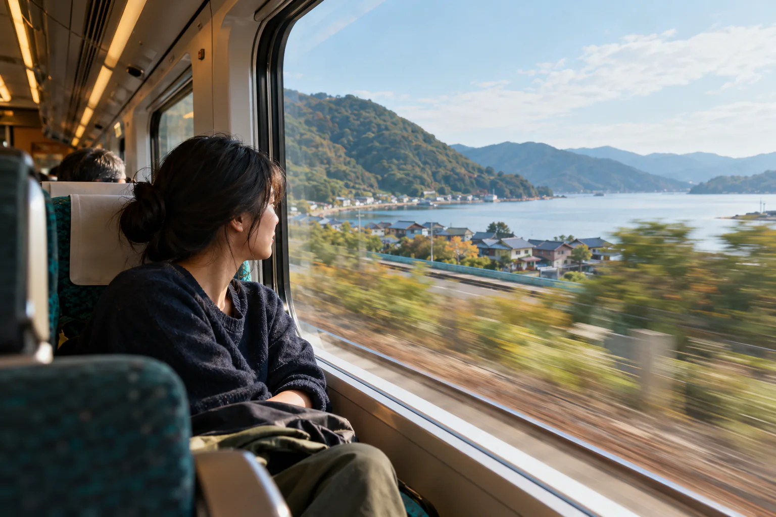Candid editorial photo for 273 series (new Yakumo), of a passenger by a train window with near and distant motion references.