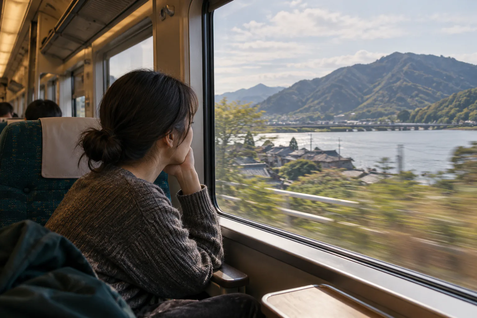 Candid editorial photo for 381 series (Yakumo), of a passenger by a train window with near and distant motion references.