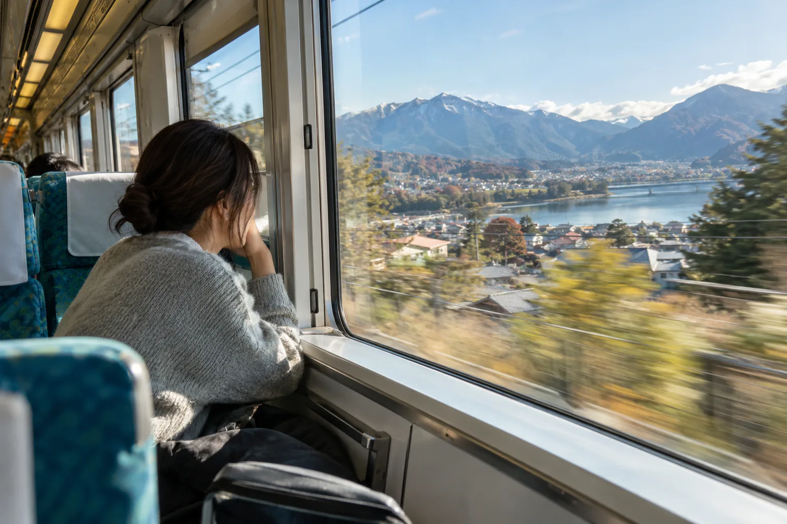 Candid editorial photo for E353 series (Azusa), of a passenger by a train window with near and distant motion references.