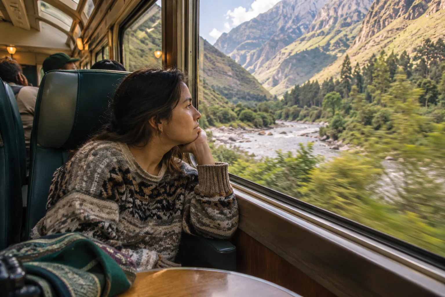 Candid editorial photo for Hiram Bingham (Belmond), of a passenger by a train window with near and distant motion references.
