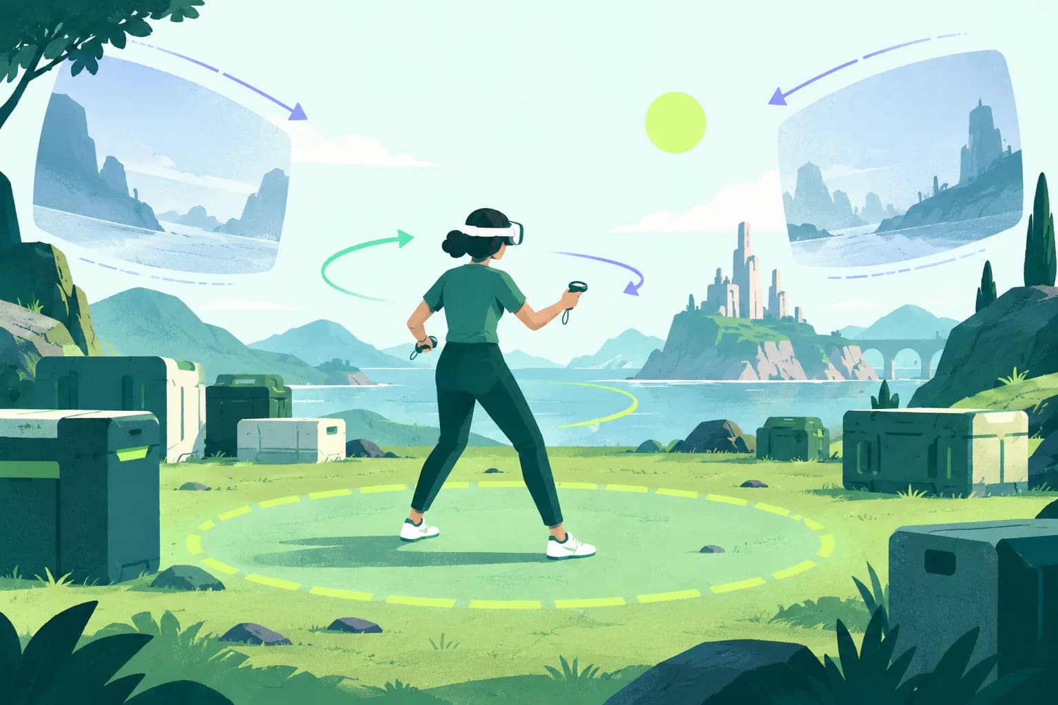 Flat editorial illustration for Contractors Showdown: ExfilZone, of a generic VR comfort scene with a safe boundary and restrained motion cues.