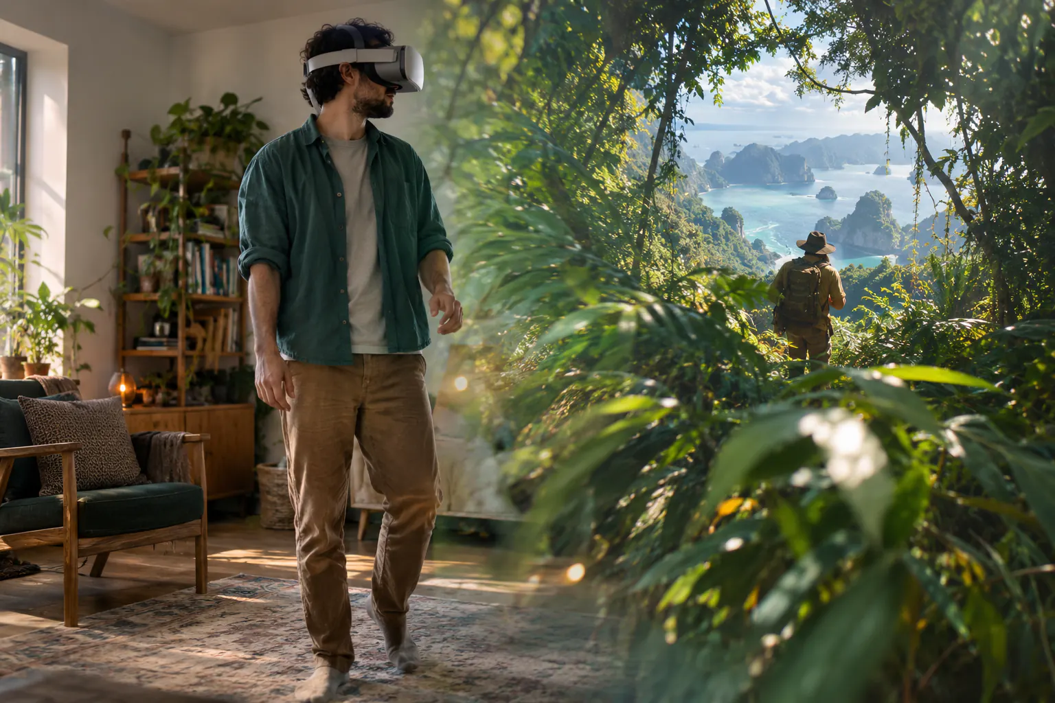 Candid editorial photo for Green Hell VR, of a generic VR comfort scene with a safe boundary and restrained motion cues.