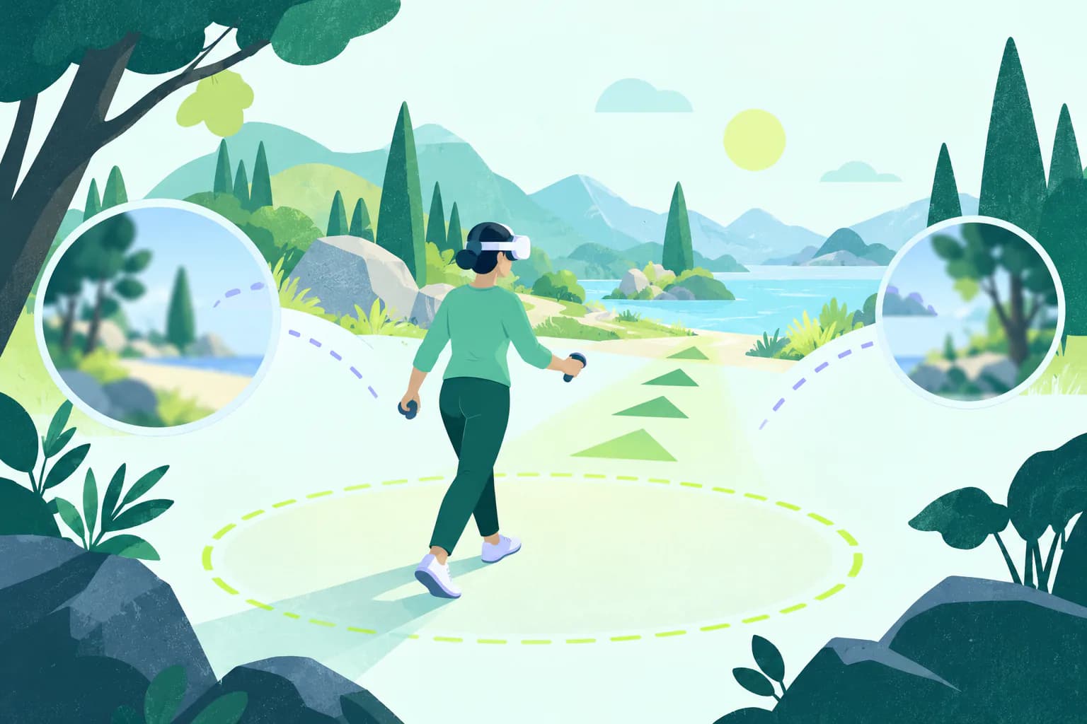Flat editorial illustration for Onward, of a generic VR comfort scene with a safe boundary and restrained motion cues.