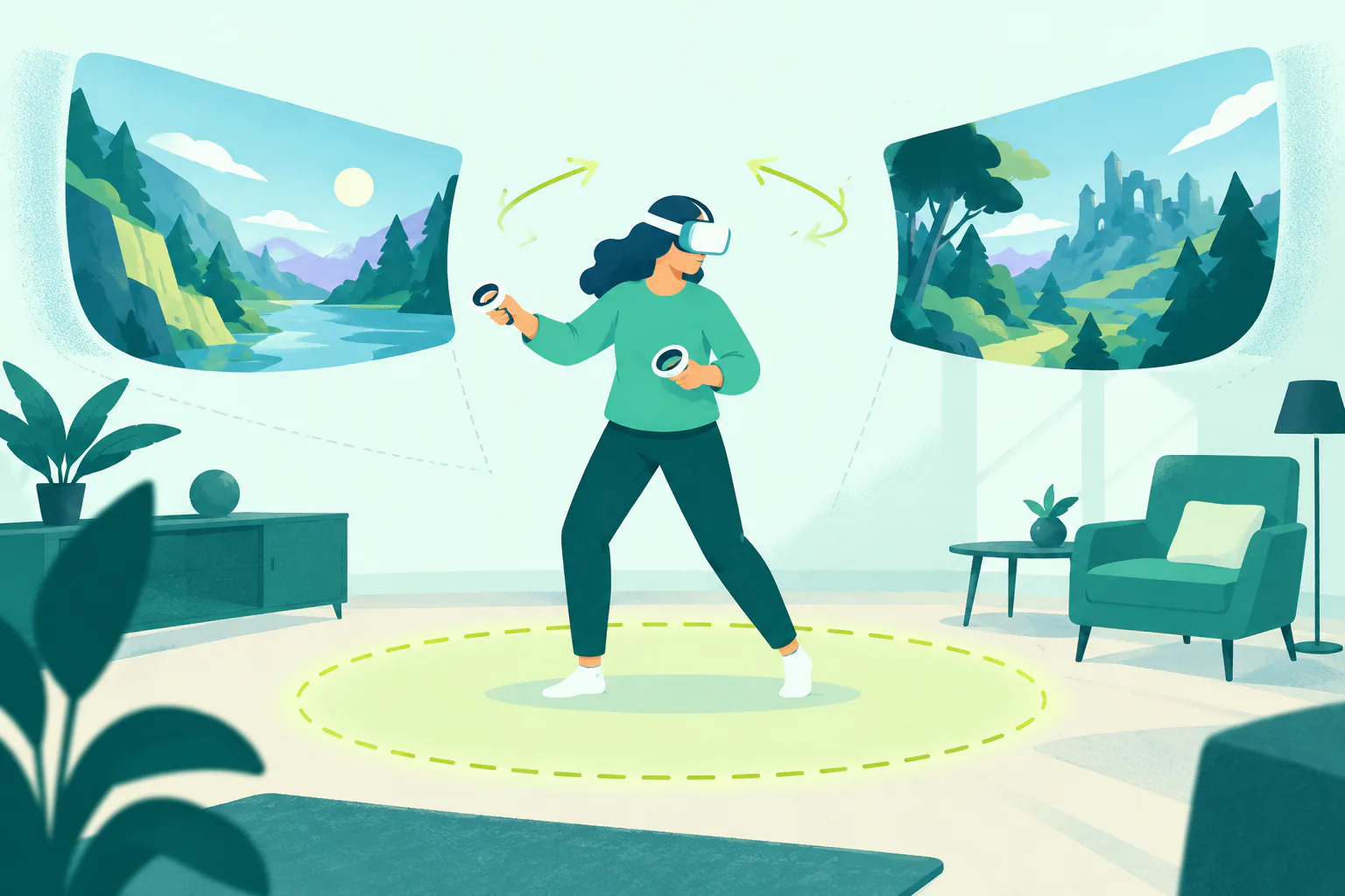 Flat editorial illustration for Superhot VR, of a generic VR comfort scene with a safe boundary and restrained motion cues.