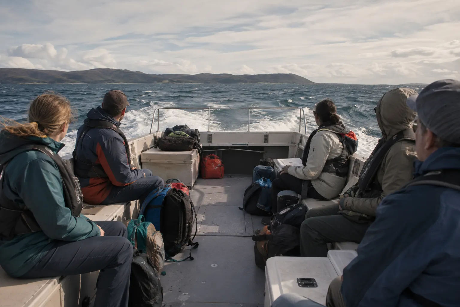Travelers seated with a wide forward view on an unbranded passenger catamaran crossing low swell.