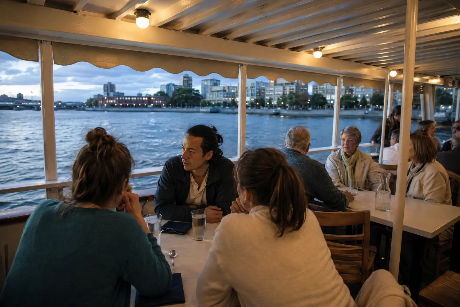 Passengers dining beside broad windows on an unbranded evening river cruise with the shoreline visible.