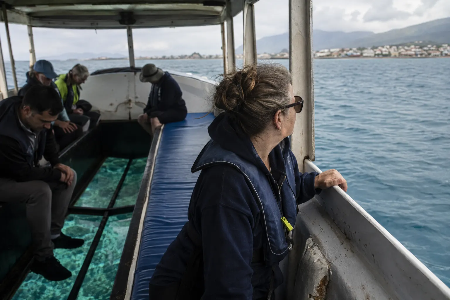 Glass-bottom boat passenger looking away from the moving seabed toward a distant shore.