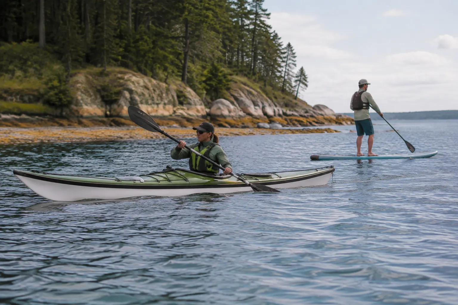 Adults wearing flotation while paddling a kayak and paddleboard in mild swell near shore.