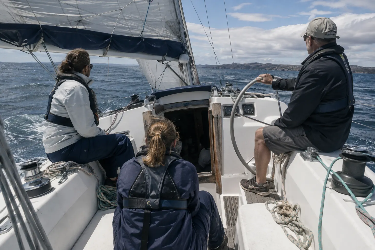 Passenger seated low near the center of a sailing monohull cockpit while the boat heels modestly.