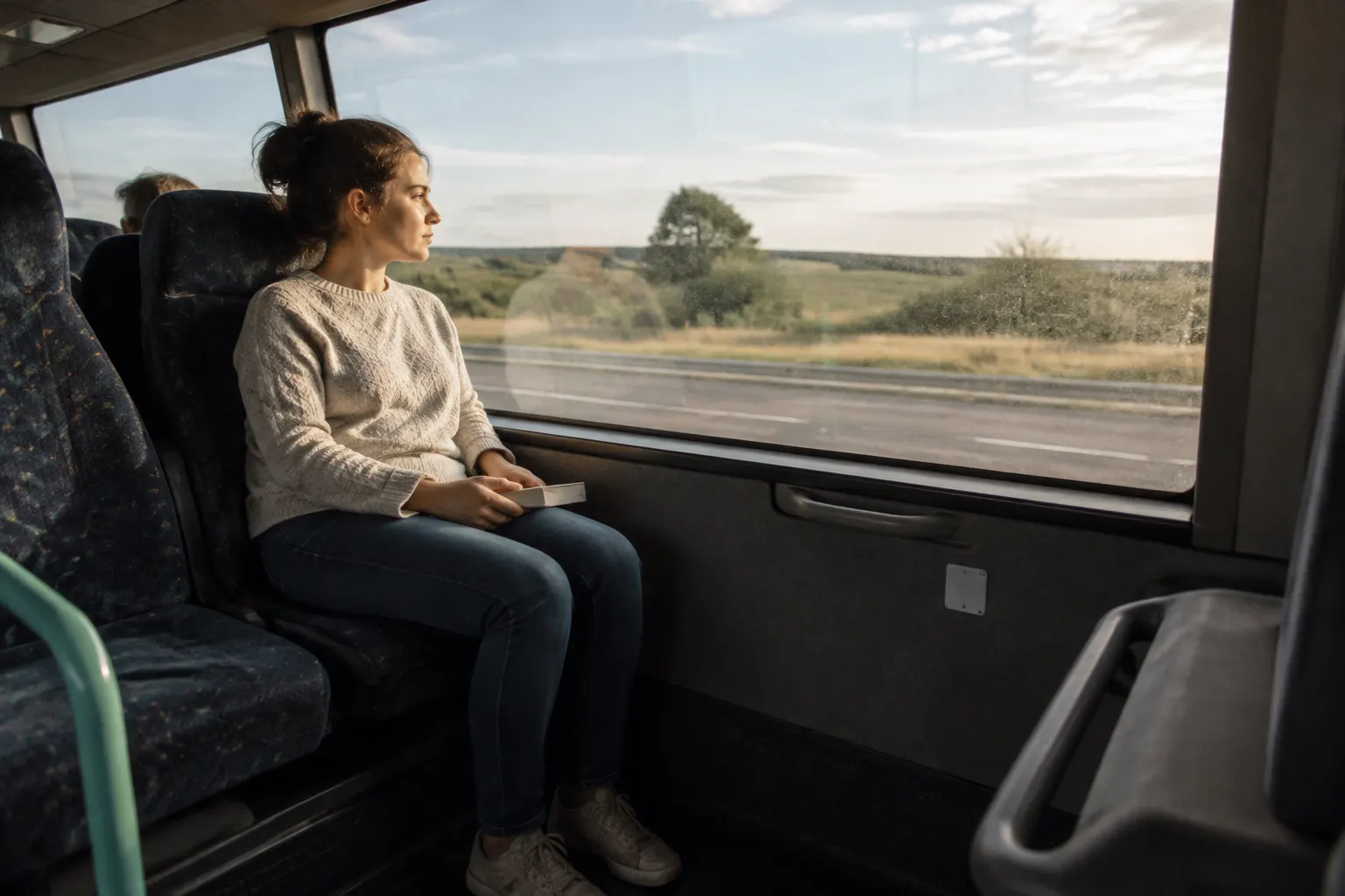 Dizzy bus passenger sitting upright and focusing through the window on the distant road.