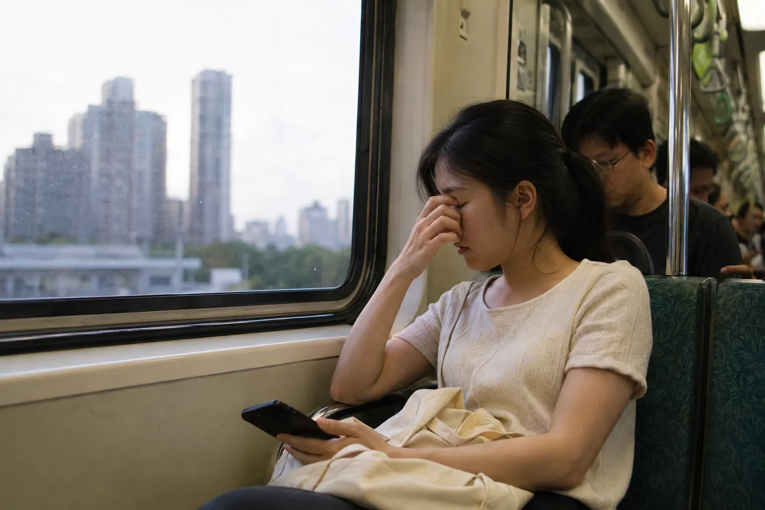 Train passenger taking a break from their phone and looking through the window into the distance.