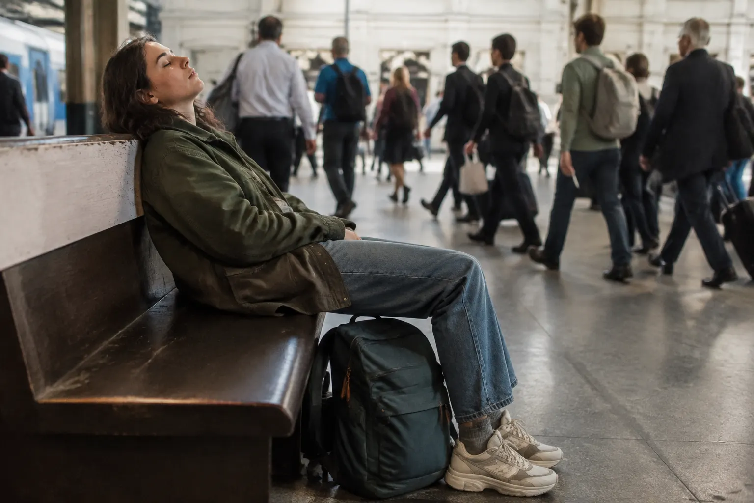 Tired traveler resting on a station bench after arriving, with luggage secured between their feet.