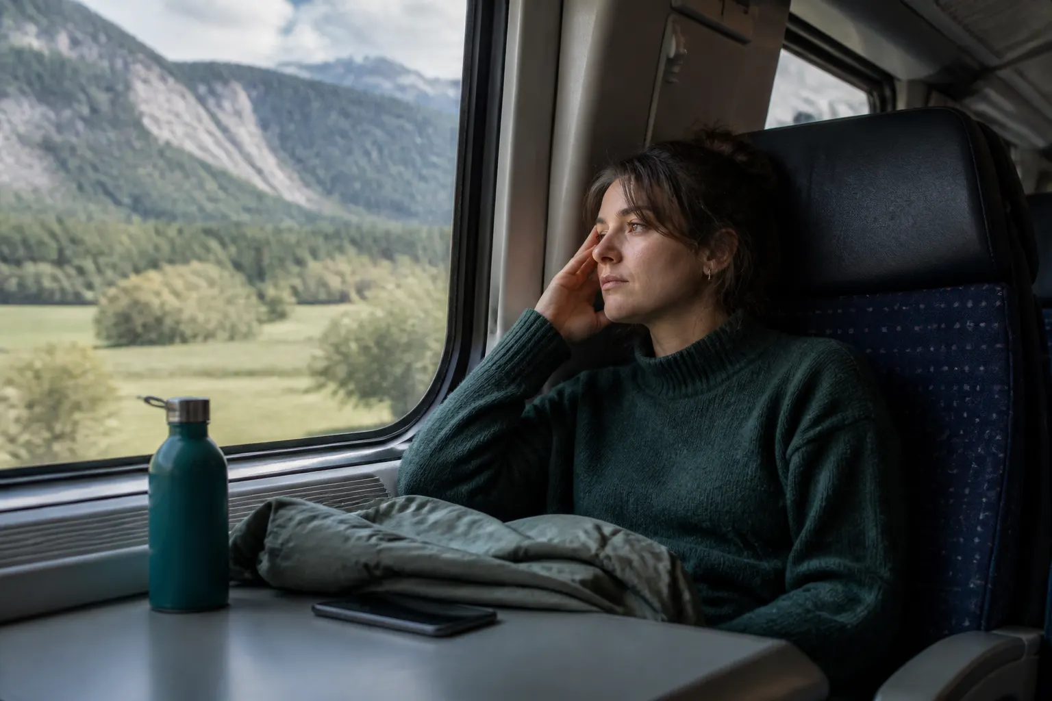 Train passenger resting their eyes by the window with a hand lightly touching one temple.