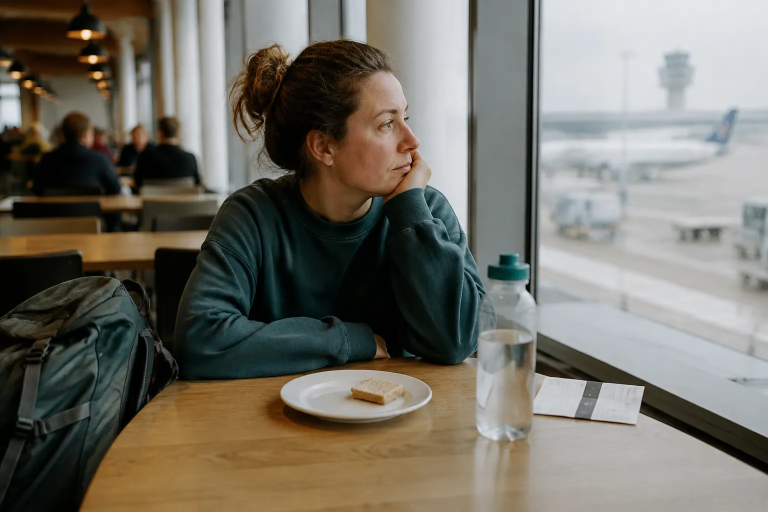 Airport traveler with water and an untouched plain snack while waiting near a terminal window.