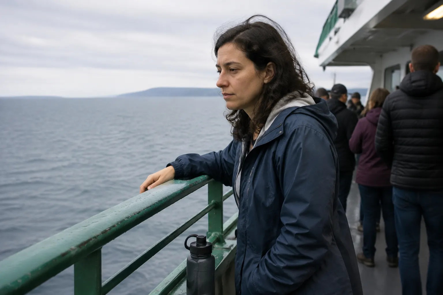 Queasy ferry passenger looking toward a stable horizon while standing safely at an outdoor rail.