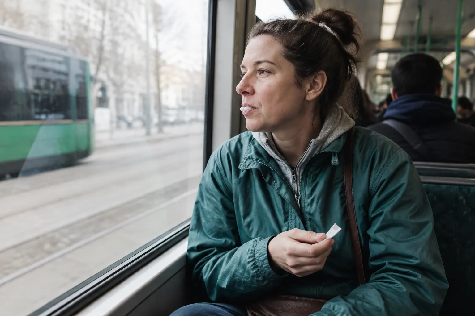 Tram passenger chewing gum and looking outside while holding a small unbranded paper packet.