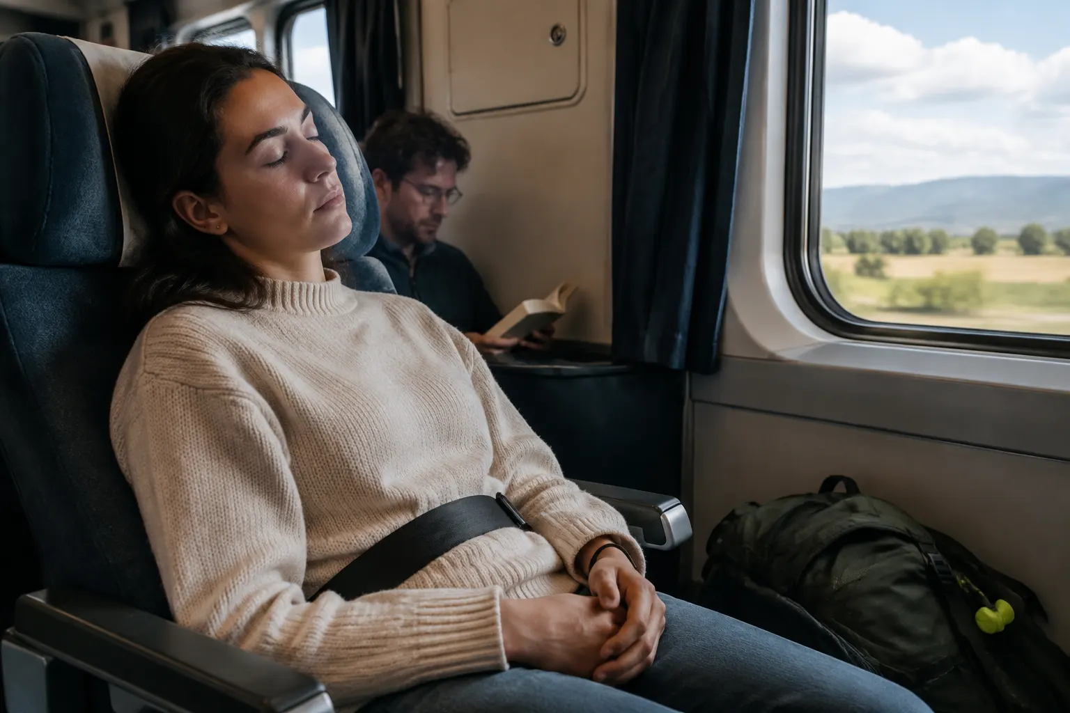 Train passenger resting safely with eyes closed and head supported against the seat.