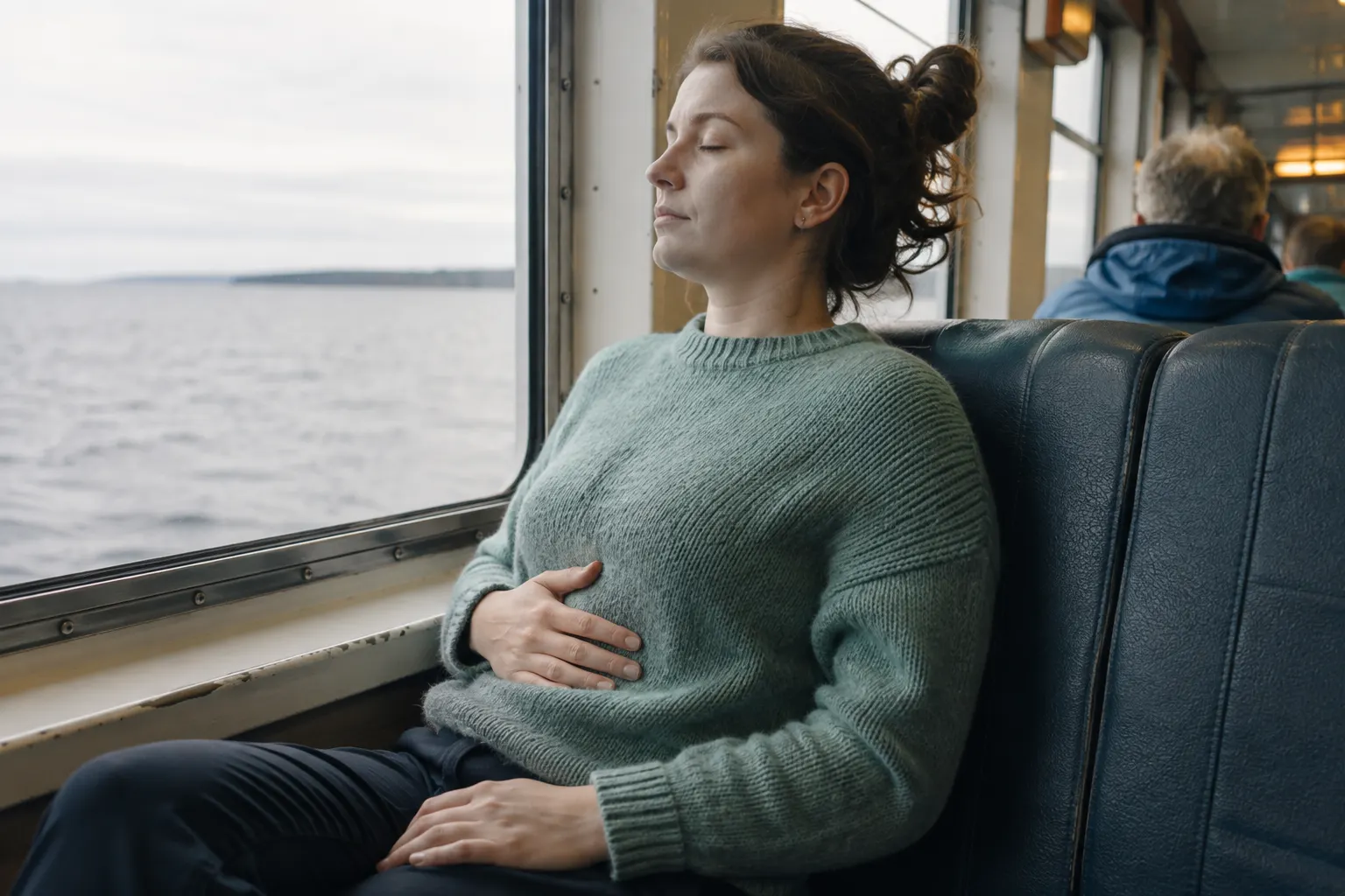 Seated ferry passenger practicing slow breathing with one hand resting over the lower ribs.