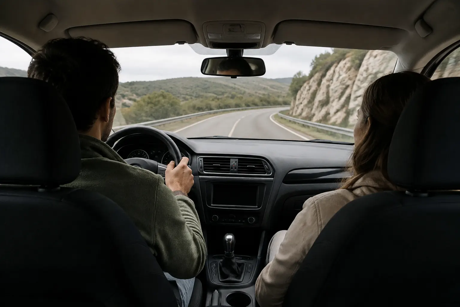 Attentive driver looking ahead on a gently curving road while passengers ride behind.