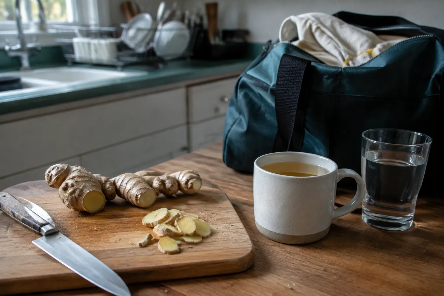 Fresh ginger, ginger slices and a plain mug of tea prepared beside an unbranded travel bag.